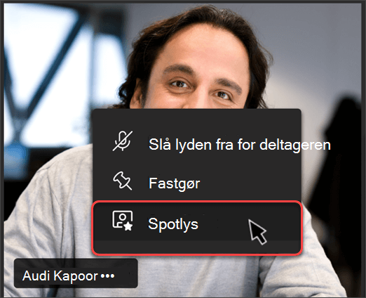 Menu med mulighed for at slå spotlight til