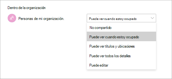 Captura de pantalla que muestra diferentes permisos de acceso al compartir un calendario en Teams.