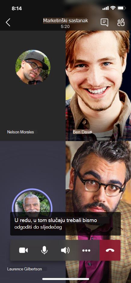 Opisi uživo prikazani u sastanku u mobilnoj aplikaciji Teams