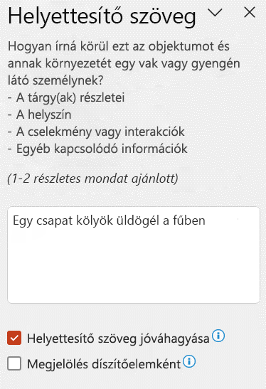A Helyettesítő szöveg ablaktáblán megjelenő automatikus helyettesítő szöveg, amelyben be van jelölve a Helyettesítő szöveg jóváhagyása jelölőnégyzet.