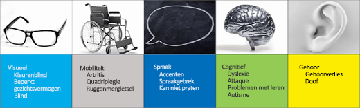 Schermafbeelding van toegankelijkheidsscenario's voor gebruikers: Visueel, mobiliteit, spraak, cognitief, gehoor