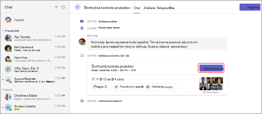 Zobrazenie rekapitulácie schôdze z miniatúry zhrnutia v chate schôdze.