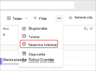 Posnetek zaslona z označevanjem nastavitev koledarja v koledarju aplikacije Teams.