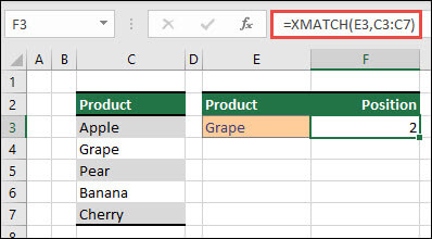 Excel tabela koja navodi različite proizvode od ćelija C3 do C7. Formula XMATCH se koristi za pronalaženje pozicije u tabeli gde se tekst podudara sa "grožđu" (definisano u ćeliji E3). Formula daje "2" pošto se tekst "Grožđi" nalazi na poziciji dva u tabeli.
