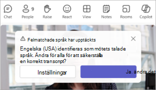 Skärmbild av ett Teams-meddelande som uppmanar dig att uppdatera ett mötes talade språk.